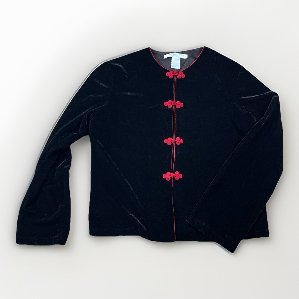 August Silk Intimates Black Velvet Cardigan Jacket M Red Frog Buttons Asian Styl